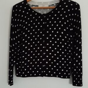 LOFT Black and White Polka Dot Button Down Cropped Cardigan Sweater Cotton ,rayo
